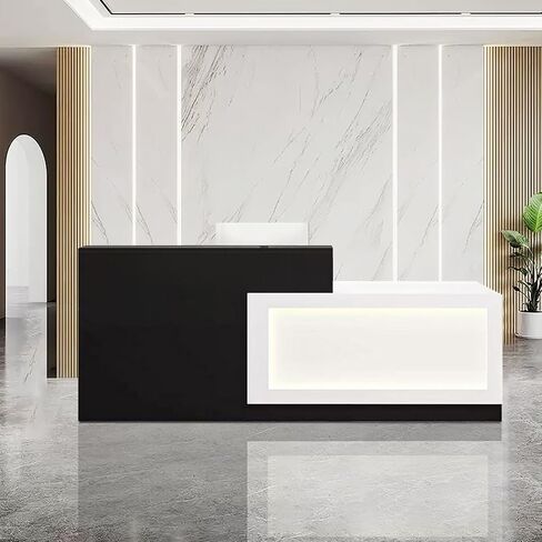 White and Black Reception Desk with LED Light Wooden Commercial Receptionists Desk Front Reception Counter Table Computer Workstation for Office Salon Checkout Right 79inch/200cm in Saudi Arabia