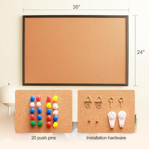 Cork Bulletin Board, 36'' X 24'', Wood Framed Corkboard, Cork Board for Home, School and Office, Decorative Push Pin Board with 20 Push pins in Kuwait