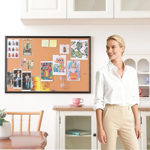 Cork Bulletin Board, 36'' X 24'', Wood Framed Corkboard, Cork Board for Home, School and Office, Decorative Push Pin Board with 20 Push pins in Kuwait