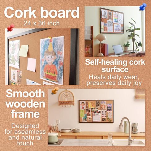 Cork Bulletin Board, 36'' X 24'', Wood Framed Corkboard, Cork Board for Home, School and Office, Decorative Push Pin Board with 20 Push pins in Kuwait