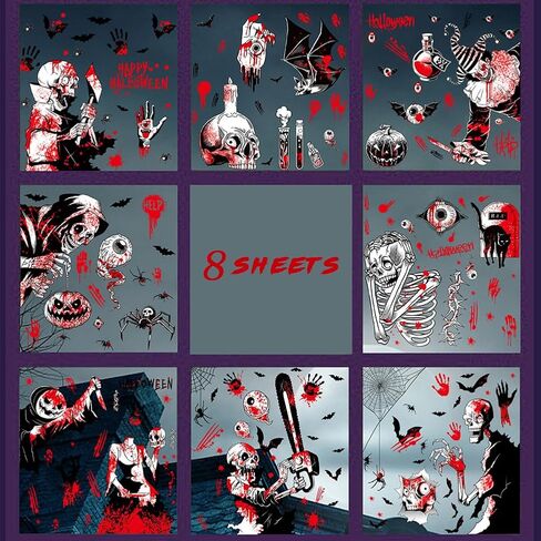 Halloween Window Clings Decorations - Scary Ghost & Death Stickers Scary Halloween Party Blood Stickers Decor for Home Classroom Windows Indoor/Outdoor Use - 8 Sheets in Saudi Arabia