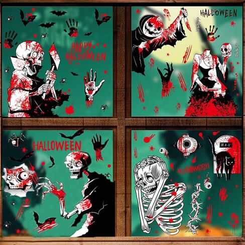 Halloween Window Clings Decorations - Scary Ghost & Death Stickers Scary Halloween Party Blood Stickers Decor for Home Classroom Windows Indoor/Outdoor Use - 8 Sheets in Saudi Arabia