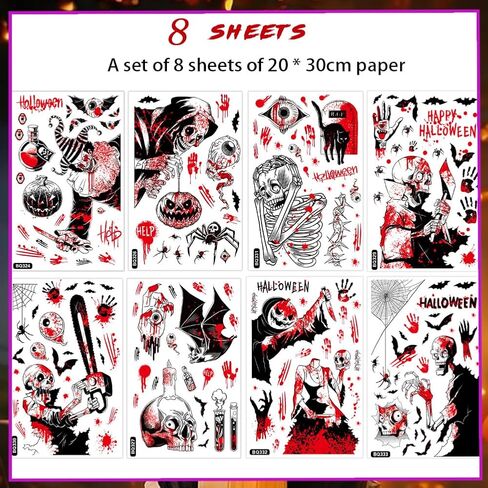 Halloween Window Clings Decorations - Scary Ghost & Death Stickers Scary Halloween Party Blood Stickers Decor for Home Classroom Windows Indoor/Outdoor Use - 8 Sheets in Saudi Arabia