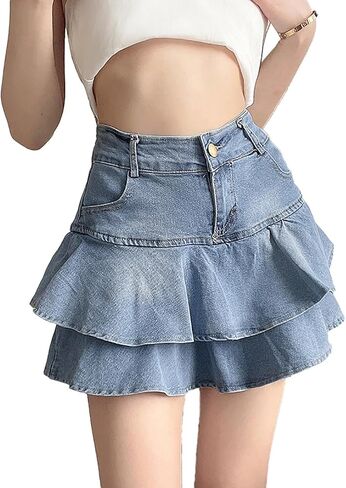 YMSHOPE Denim Mini Skirt A-Shaped Cake Bustier Skirt with Safety Trousers Lined high-Waisted Ruffled Edge Hip Short Skirt in Kuwait