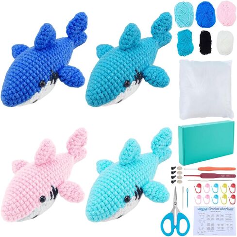 ORIGACH 4 Sets Crochet Shark Kit for Beginner Adults, Handmade Shark Starter Crochet kit Complete Crochet Set with Step by Step Video Tutorial Instruction in Saudi Arabia
