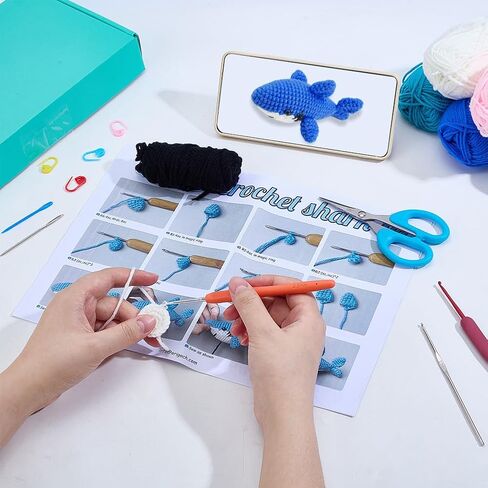 ORIGACH 4 Sets Crochet Shark Kit for Beginner Adults, Handmade Shark Starter Crochet kit Complete Crochet Set with Step by Step Video Tutorial Instruction in Saudi Arabia