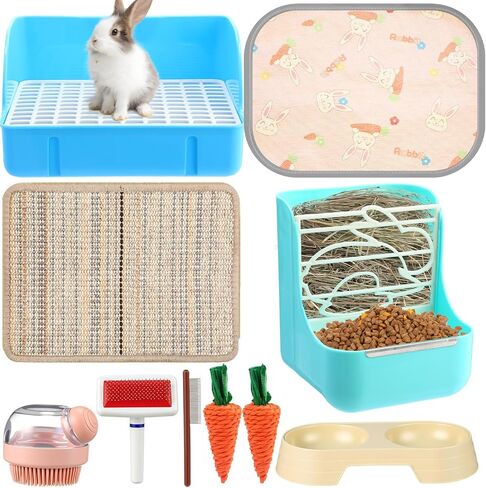 Honeydak 10 Pcs Rabbit Starter Kit Small Litter Box Bunny Grooming Kit Scratch Pads Hay Feeder Bowl Ice Pad with Bunny Toys for Guinea Pig Rabbit Accessories(Beige) in Saudi Arabia