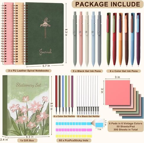 Stationery Gift Set for Women, PU Leather Spiral Notebooks, Gel Pens, Vintage Sticky Notes, Steel Bookmark, Index Tabs & Gift Box - Cute Aesthetic Office Supplies for Girls in Kuwait