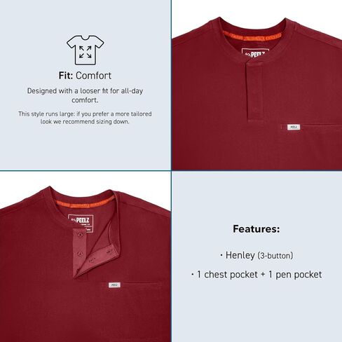 Peelz Karl Henley 2-Pocket Scrub Top for Men - Soft Stretch Fabric Scrubs, 3-Button Design Men's Scrub Tops, Comfort Fit in Kuwait