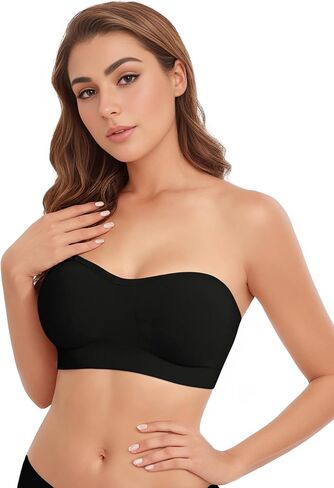 Strapless Bras for Women, Non-Slip Silicone Bandeau Bra, Wireless Padded Bralette Seamless Tube Top Push Up Bra (Beige, S) in Kuwait