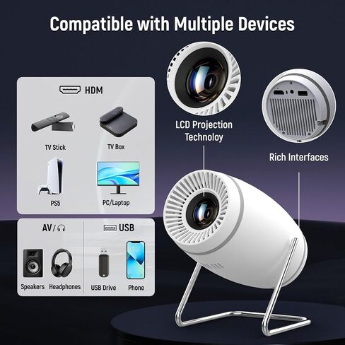 جهاز عرض ، جهاز عرض صغير مع WiFi و Bluetooth ، يدعم 4K 1080p Portable Projector 270 ° Rotatable 130 '' Screen Movie Oncostone متوافق مع الهاتف الذكي/الكمبيوتر/الكمبيوتر المحمول in Kuwait
