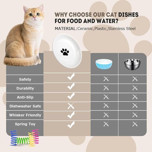 Ceramic Cat Food Bowls for Indoor Cats and Kitten, 4 Cute Cat Feeding Bowls Shallow Whisker Relief Dishes for Cats, 5.9" Wide Pet Plates for Wet & Dry Food and Water, Non-Slip Base, with 4 Spring Toys in Saudi Arabia