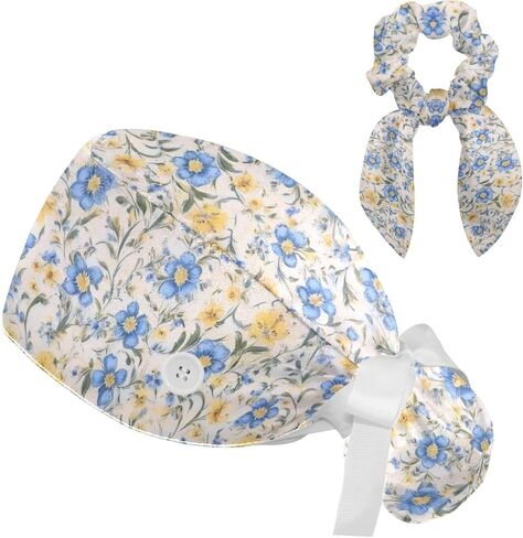 Scrub Caps Women with Button,Adjustable Surgical Caps with Ponytail Pouch,Pink Flowers on White Background Working Cap with Bow in Saudi Arabia