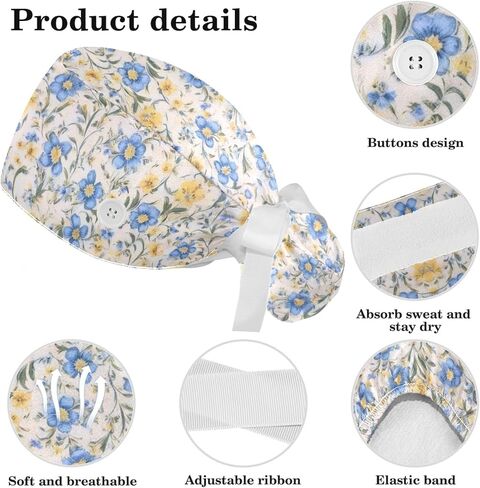 Scrub Caps Women with Button,Adjustable Surgical Caps with Ponytail Pouch,Pink Flowers on White Background Working Cap with Bow in Saudi Arabia