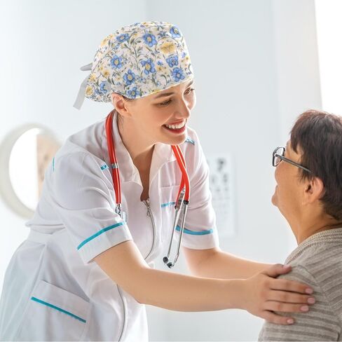 Scrub Caps Women with Button,Adjustable Surgical Caps with Ponytail Pouch,Pink Flowers on White Background Working Cap with Bow in Saudi Arabia