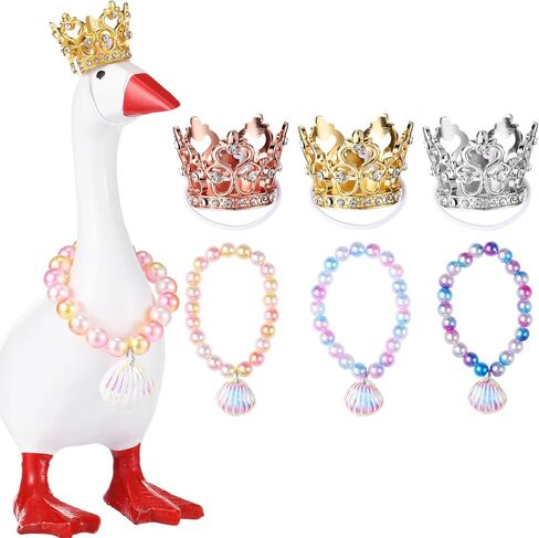 3 Set 7 Inch Mini Desk Goose Outfits with Crystal Rhinestone Tiara Crown Heart Star Bow Shaped Necklace Mini Desk Goose Princess Costume for Magnetic Statue Key Holder Decor in Kuwait