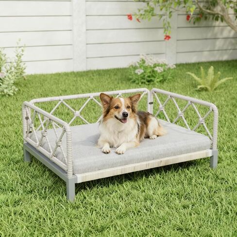 Outdoor Wicker Dog Bed Indoor Rattan Dog Sofa with Soft Cushion (Brown Wicker and Cushion, Large) in Saudi Arabia