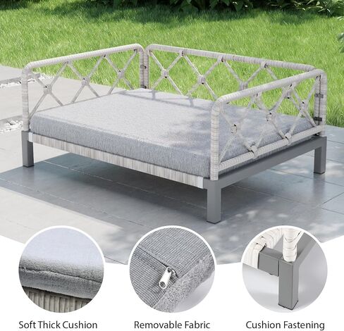 Outdoor Wicker Dog Bed Indoor Rattan Dog Sofa with Soft Cushion (Brown Wicker and Cushion, Large) in Saudi Arabia