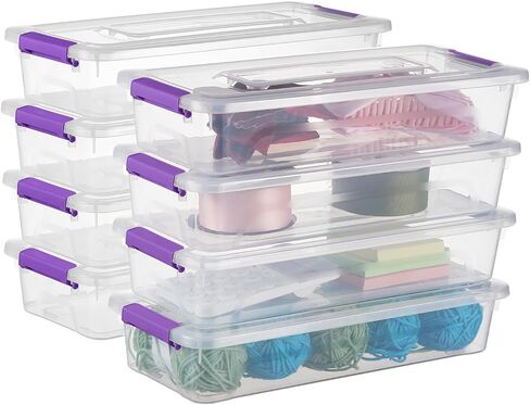 حاويات التخزين البلاستيكية صناديق تخزين حرفية واضحة مع مقبض رمادي ، مربع منظم مع أغطية متينة قابلة للتكديس لتنظيم الحرف والأدوات (4 حزمة 10 كوارت) in Kuwait