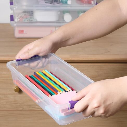 حاويات التخزين البلاستيكية صناديق تخزين حرفية واضحة مع مقبض رمادي ، مربع منظم مع أغطية متينة قابلة للتكديس لتنظيم الحرف والأدوات (4 حزمة 10 كوارت) in Kuwait