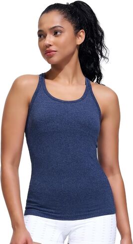 Seamless Ribbed Workout Yoga Racerback Tank Top for Women with Built in Shelf Bra in Kuwait