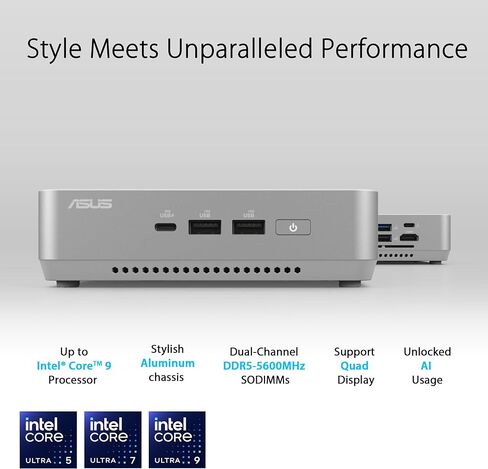 ASUS NUC 15 Pro+ Full System Mini PC with Intel Series 2 Core Ultra 5 225H, 16GB DDR5 RAM, 512GB SSD, Thunderbolt™ 4, Wi-Fi 7, Bluetooth 5.4, Win 11 Home, Toolless Silver Aluminum Chassis, VESA Mount in Saudi Arabia