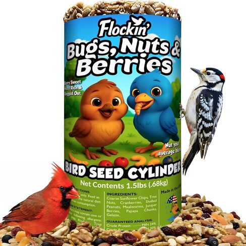 Bugs, Nuts & Berries Bird Seed Cylinder with Hole – Wild Bird Food for Blue Bird, Woodpeckers, Cardinals & More – Premium Protein-Rich All Natural Blend, No Fillers – USA Made (1.5lbs, 4" x 7.75") in Saudi Arabia