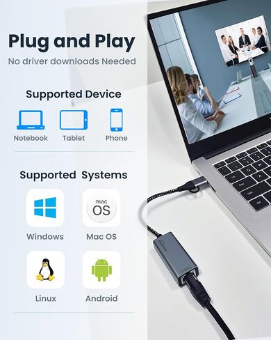 USB C to Ethernet Adapter with PD Power+ USB A 3.0 5Gbps,SD/TF,100W Power Delivery,USBC hub,6 in 1,Type C Charging,Aluminum,USBC hub RJ45 Gigabit Ethernet Compatible with Laptop, MacBook Air/Pro in Kuwait