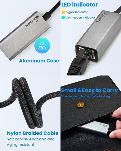 USB C to Ethernet Adapter with PD Power+ USB A 3.0 5Gbps,SD/TF,100W Power Delivery,USBC hub,6 in 1,Type C Charging,Aluminum,USBC hub RJ45 Gigabit Ethernet Compatible with Laptop, MacBook Air/Pro in Kuwait