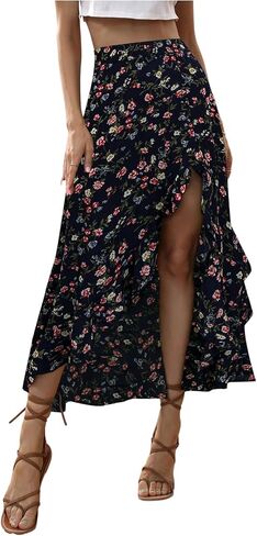 Wdirara Women's Boho Floral Print كشكش Maxi Skirt عالية الخصر تقسيم التنانير الطويلة in Kuwait