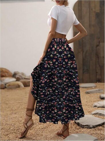Wdirara Women's Boho Floral Print كشكش Maxi Skirt عالية الخصر تقسيم التنانير الطويلة in Kuwait