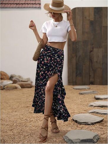 Wdirara Women's Boho Floral Print كشكش Maxi Skirt عالية الخصر تقسيم التنانير الطويلة in Kuwait