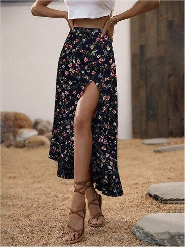 Wdirara Women's Boho Floral Print كشكش Maxi Skirt عالية الخصر تقسيم التنانير الطويلة in Kuwait