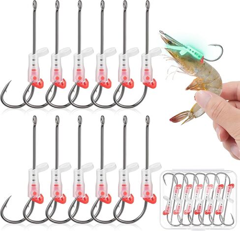 Luminous Live Shrimp Hooks, Upgraded High Carbon Steel Barbed Hooks Saltwater Corrosion-Resistant, for Freshwater & Saltwater Fishing, Ideal for Bass, Groupers, Catfish & More Fish (2/0 * 6+3/0 * 6) in Kuwait