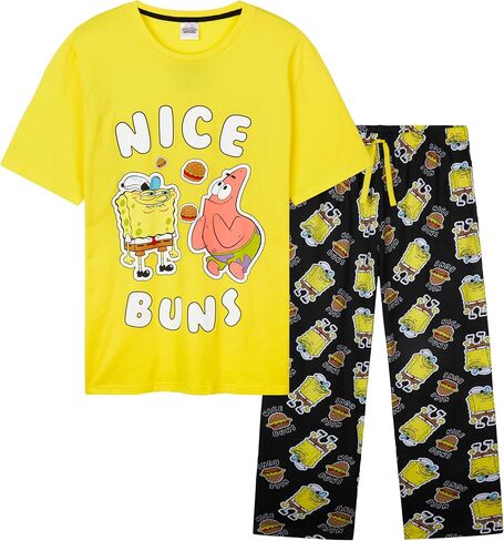 Spongebob Squarepants Pajamas للرجال والمراهقين PJS مجموعة المريحة صالة مجموعة ملابس النوم صالة ناعمة الاهتزازات ليلية مضحكة للرجال (أسود/أصفر ، 3XL) in Kuwait