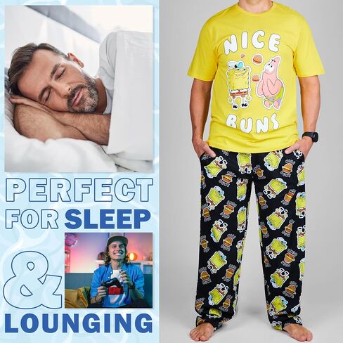 Spongebob Squarepants Pajamas للرجال والمراهقين PJS مجموعة المريحة صالة مجموعة ملابس النوم صالة ناعمة الاهتزازات ليلية مضحكة للرجال (أسود/أصفر ، 3XL) in Kuwait