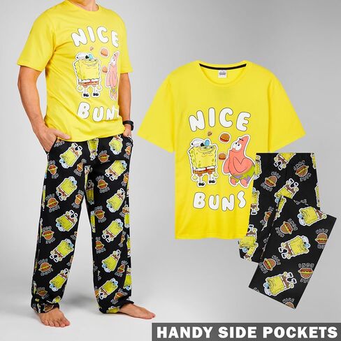 Spongebob Squarepants Pajamas للرجال والمراهقين PJS مجموعة المريحة صالة مجموعة ملابس النوم صالة ناعمة الاهتزازات ليلية مضحكة للرجال (أسود/أصفر ، 3XL) in Kuwait