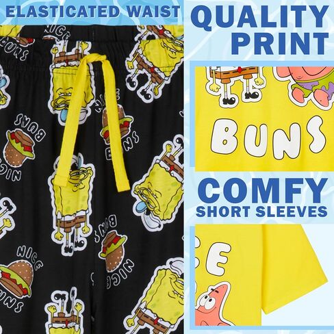 Spongebob Squarepants Pajamas للرجال والمراهقين PJS مجموعة المريحة صالة مجموعة ملابس النوم صالة ناعمة الاهتزازات ليلية مضحكة للرجال (أسود/أصفر ، 3XL) in Kuwait