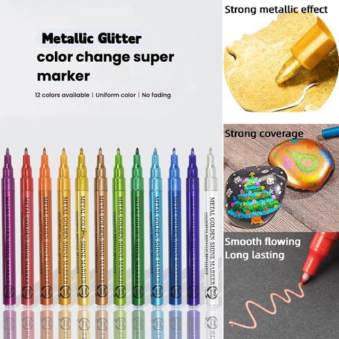 Super Gold 12 Colors Metallic Glitter Acrylic Markers Fine 0.7mm Tip Multi Surface Paint Pens for Rock Painting, DIY Crafts, Wood, Fabric Non Toxic Quick Drying Art for Kids & Adults in Saudi Arabia