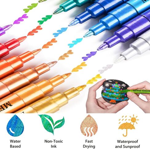 Super Gold 12 Colors Metallic Glitter Acrylic Markers Fine 0.7mm Tip Multi Surface Paint Pens for Rock Painting, DIY Crafts, Wood, Fabric Non Toxic Quick Drying Art for Kids & Adults in Saudi Arabia
