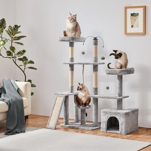 Yaheetech Trotatable Cat Tree 53.5in Tower متعدد المستويات للقطط الداخلية/القطط الكبيرة ، منزل الحيوانات الأليفة مع وظائف الخدش ، مركز تلعب الأثاث ، الرمادي الداكن in Saudi Arabia