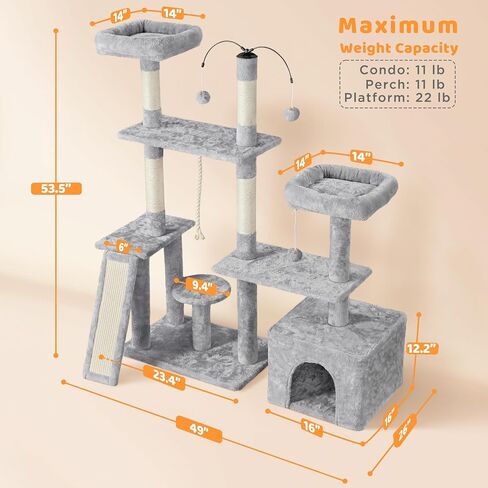 Yaheetech Trotatable Cat Tree 53.5in Tower متعدد المستويات للقطط الداخلية/القطط الكبيرة ، منزل الحيوانات الأليفة مع وظائف الخدش ، مركز تلعب الأثاث ، الرمادي الداكن in Saudi Arabia