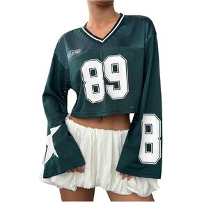 GORGLITTER Women's Number Graphic Jersey Crop Top Shirts Y2K 90s Bell Long Sleeve V Neck Graphic Tee in Kuwait