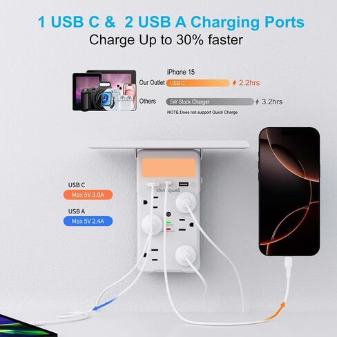 Surge Protector Multi-Plug Outlet, Wall Outlet Extender with Night Light and Shelf, Power Socket Expander, (2A+1C) USB Wall Charger Power Strip Electric Outlet for Home & Office (Black) in Saudi Arabia