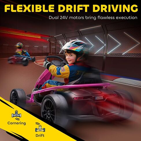 Aosom 24V 8.1 MPH Electric Go Kart, Drifting Car Battery Powered Ride on Toy Outdoor with Slow Start, Music, Horn Honking and Safety Belt, for 8-12 Years Old, Pink in Saudi Arabia