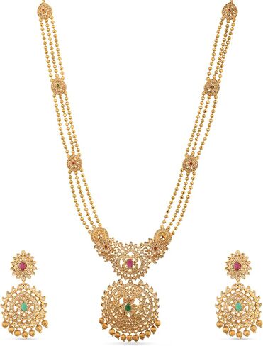 Tarinika Antique Gold Plated Ahaana Long Necklace مع تصميم الأزهار - مجموعات المجوهرات الهندية للنساء | مثالي للمناسبات العرقية | قلادة جنوب الهند التقليدية | ضمان سنة واحدة* in Saudi Arabia