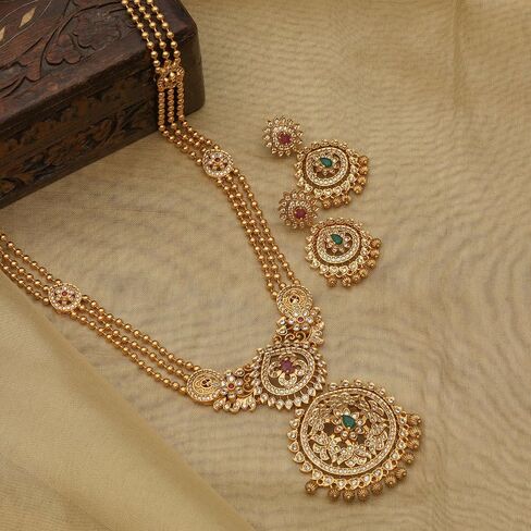 Tarinika Antique Gold Plated Ahaana Long Necklace مع تصميم الأزهار - مجموعات المجوهرات الهندية للنساء | مثالي للمناسبات العرقية | قلادة جنوب الهند التقليدية | ضمان سنة واحدة* in Saudi Arabia