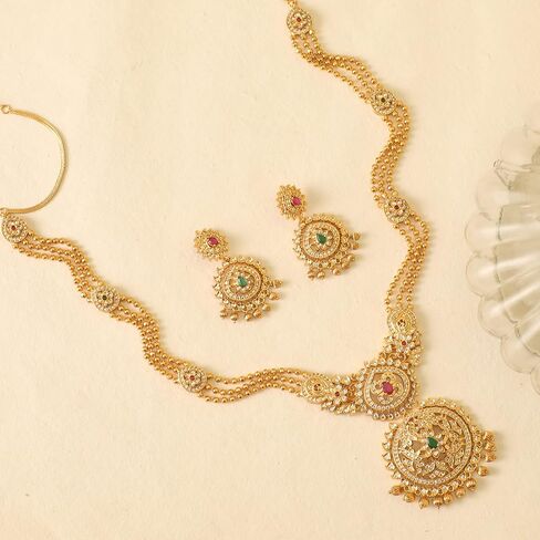 Tarinika Antique Gold Plated Ahaana Long Necklace مع تصميم الأزهار - مجموعات المجوهرات الهندية للنساء | مثالي للمناسبات العرقية | قلادة جنوب الهند التقليدية | ضمان سنة واحدة* in Saudi Arabia