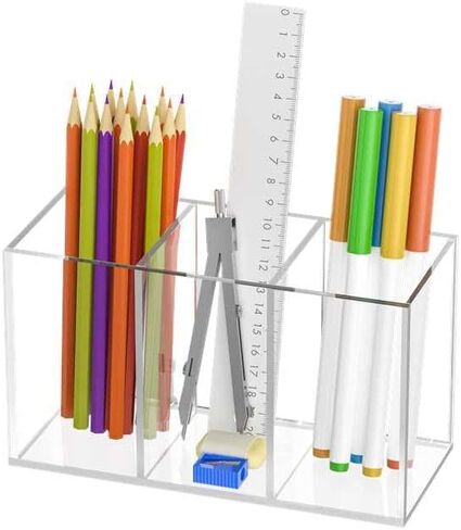 Uniclife Clear Acrylic Pen Holder for Desk, Plastic Pencil Holder Pen Organizer with 4 Compartments, Desktop Stationery Organizer for Office Home School, Vertical Makeup Brush Holder, 9" x 3" x 4" in Saudi Arabia