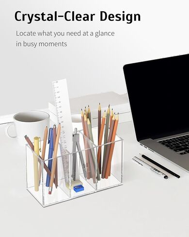 Uniclife Clear Acrylic Pen Holder for Desk, Plastic Pencil Holder Pen Organizer with 4 Compartments, Desktop Stationery Organizer for Office Home School, Vertical Makeup Brush Holder, 9" x 3" x 4" in Saudi Arabia